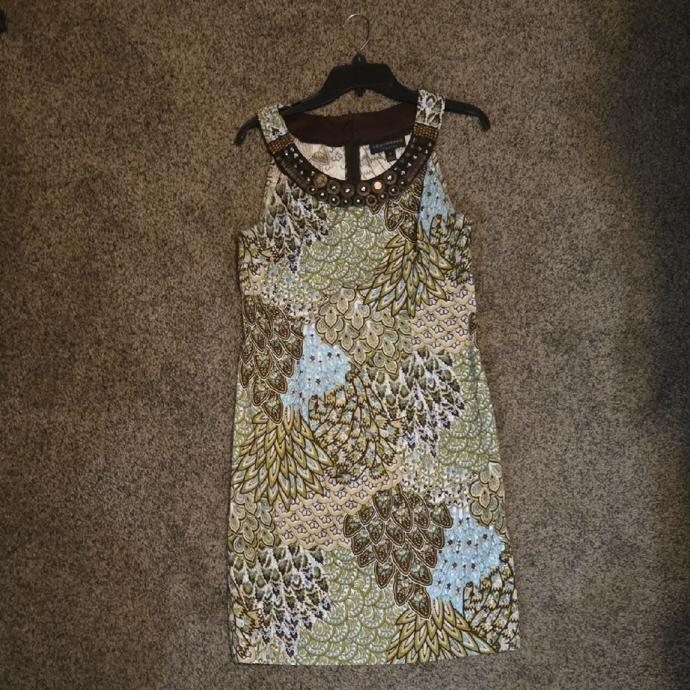 Connected Apparel Green and Blue Patterned Mini Dress